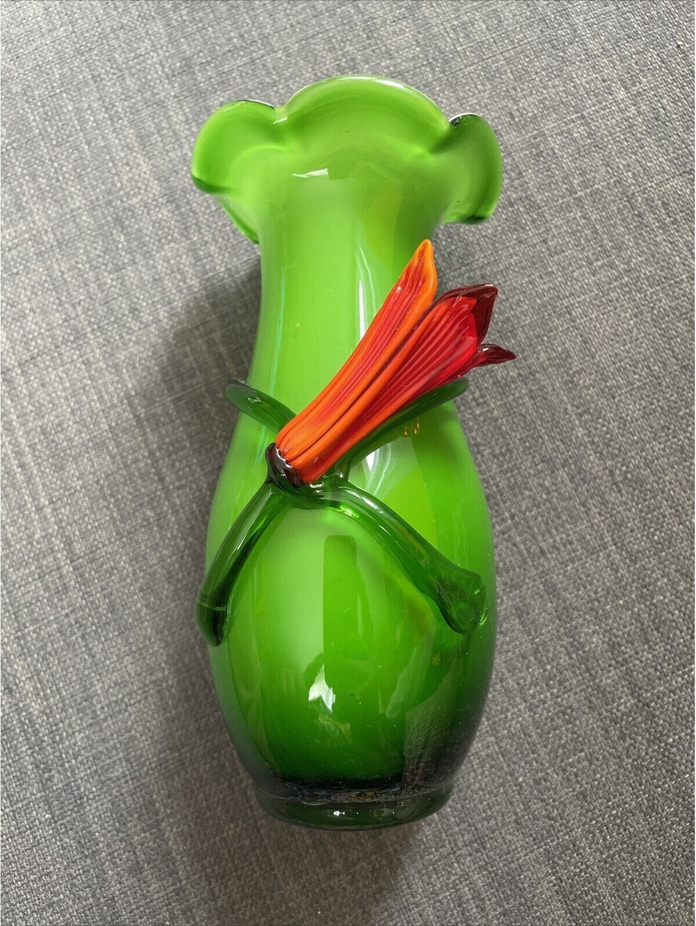 Murano Flutter Green Glad Vase With Red Tulip Tiger Lily Vintage Antique